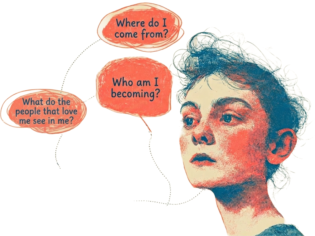A thirteen-year-old with three thought bubbles asking: Where do I come from? Who am I becoming? What do the people who love me see in me?