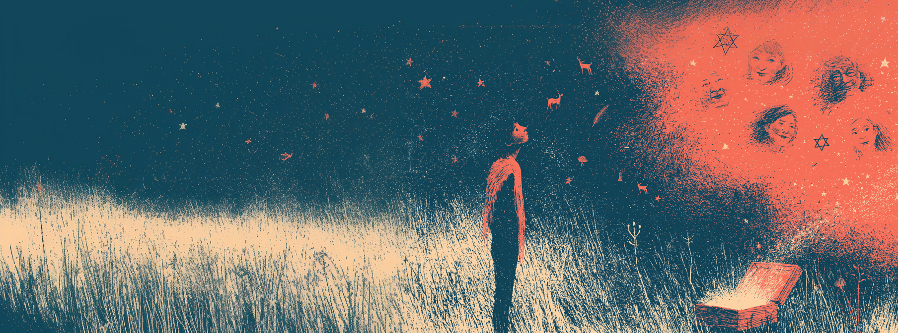 A thirteen-year-old standing in a field at twilight, looking up at a constellation of warm guiding faces — the Treasure Box at their feet glowing with sparks rising into the sky