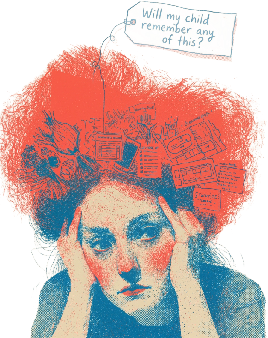 A mother holding her head, overwhelmed by vendor lists, calendars, and contracts — wondering if her child will remember any of this
